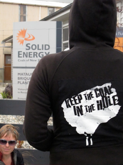 Coal Action Network activist at the now mothballed Mataura briquetting plant - supposed to provide local jobs, but didn't. 